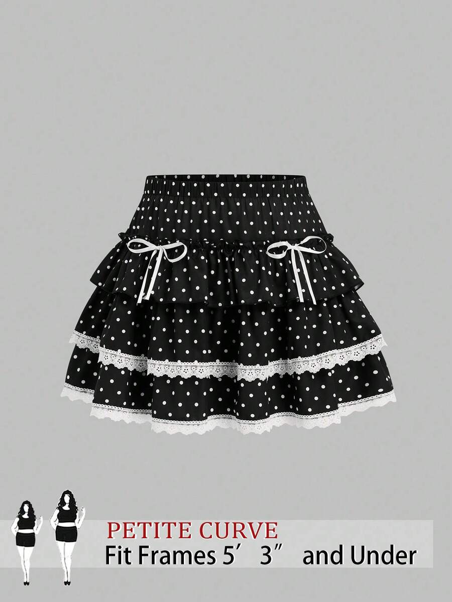 SHEIN PETITE CURVE 大码女式休闲可爱波点A字裙 - 黑與白 - 查看 1