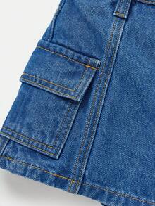 SHEIN Young Girls Multi-Pocket Washed Casual Denim Skort - Dark Wash - View 3