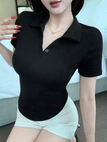 DAZY Áo polo nữ màu đen dáng rộng, thời trang công sở, tay ngắn, ôm sát, thích hợp cho mùa xuân/hè. - màu đen - Xem 2