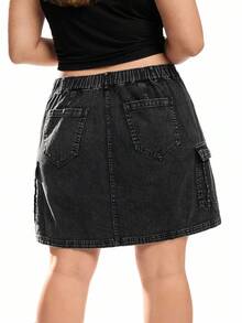 Solflare Plus Size Women Distressed Denim Effect Woven A-Line Skirt With Pockets - Black - View 5