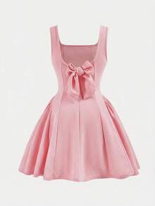 Firerie Kids Tween Girls Elegant & Cute Square Neck A-Line Patchwork Dress With Large Bow Back - Baby Pink - View 2