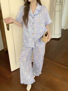 DAZY 可爱快乐小狗印花荷叶边女士睡衣套装 - 藍色 - 查看 8