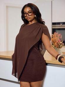 Veslaya Women's Plus Size 2-Piece Brown Summer Elegant Dress Set,Loose Chiffon Shawl Top With Asymmetric Hem & Shiny Bodycon Mini Dress,Night Out Club Party - Coffee Brown - View 4