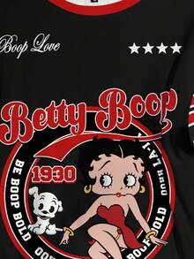 Betty Boop x SHEIN Plus Size Women's Casual Fashionable Street Chic Daily Commute Cartoon Letter & Number Print Striped Contrast Color Short Sleeve T-Shirt - White - View 4