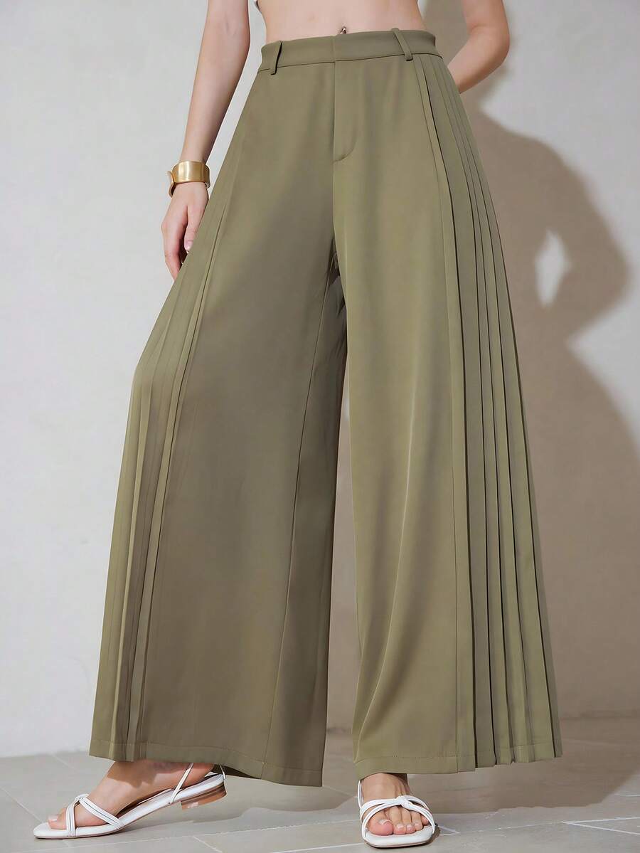 SHEIN Privé 橄榄绿侧褶简约复古设计通勤阔腿裤 - 軍綠色 - 查看 1