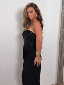 Jeta Ari Women's Black Sequin Patchwork Bandeau Jumpsuit,Prom Outfit, New Year Outfit,Christmas Outfit,Party Outfit ,Christmas Outfit , Fall Outfits For Women,Women's Corset Jumpsuit,Thanksgiving Outfit , Winter Outfit ,Black Christmas Outfit,Mermaid Outfit - Black - View 4