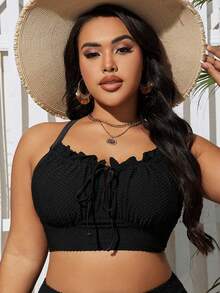 Swim Lushoire Plus Size Women's Solid Color Textured Frill Trim Tie Front Swimwear Top, Summer Beach - Black - View 8