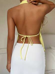 CovetEZ Women's Casual Cream Yellow Backless Asymmetrical Hem Fitted Halter Neck Camisole, Suitable For Vacation, Summer - Multicolor - View 2