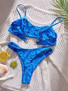 Swim Mod Conjunto de bikini de 2 piezas con tirantes finos y espalda descubierta, con estampado, de estilo de vacaciones en la playa de moda para primavera/verano 2026 para mujeres - Azul - Ver 2