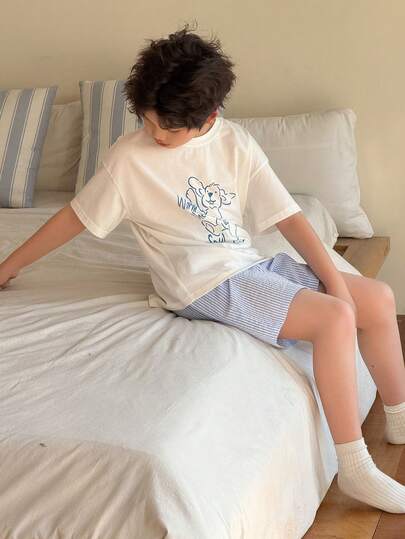 DAZY Tween Boy Comfortable Dog Print Round Neck Short Sleeve T-Shirt And Striped Shorts Pajama Set, Summer