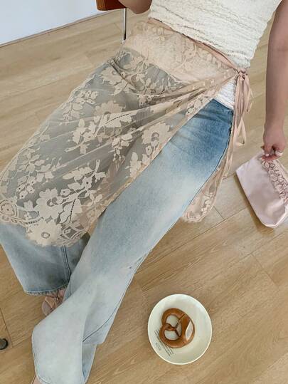 Dazy Plus Elastic Waist Lace Layered Versatile Sheer Skirt