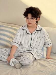 DAZY 男童条纹印花翻领宽松衬衫和裤子睡衣套装，春夏秋季 - 灰色 - 查看 3