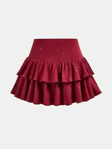 SHEIN 少女裙装 - 瑜伽、打底裤、休闲、运动、上学、返校、黑色衬裙双层荷叶边蛋糕裙迷你裙、春夏、清爽、基础款、日常、百搭、夏季运动时尚、返校季、校服 - 酒紅色 - 查看 2