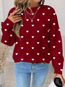 SHEIN LUNE 简约爱心图案印花圆领宽松女式卫衣，非常适合情人节、节日派对和聚会。 - 彩色 - 查看 2