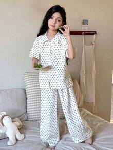 Dazy Kids Tween Girl Polka Dot Collar Single-Breasted Mid-Sleeve Top And Wide-Leg Pants Casual Loungewear Pajama Set - Multicolor - View 3