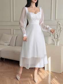 DAZY 女士蕾丝拼接腰部优雅长裙 - Pearl White - 查看 4