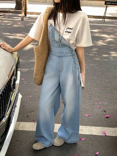 DAZY Women's Contrast Color Strap Loose Casual Denim Bib Pants And Jumpsuit