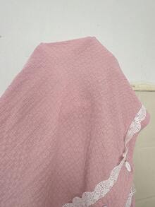 SHEIN Women's Casual & Fresh V-Neck Ruffle Contrast Lace Short Sleeve Top And Pants Pajama Set, Pink Bubble Texture - Pink - View 7