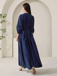 Veilorie Đầm Ả Rập dài tay cổ tròn thêu họa tiết thanh lịch dành cho nữ - Màu xanh hải quân - Xem 2