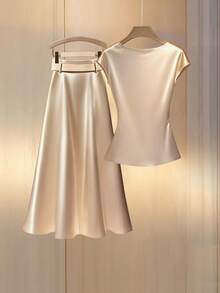 Franclia Women Champagne Gold Elegant Satin 2 Pieces Set,Summer Draped Collar Ruffle Trim Belt Decor A-Line Silk Skirt And Top Set For Dining & Commuter - Apricot - View 2
