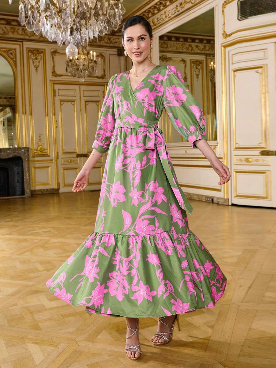 LOTSLUV Vestido Longo Envelope Elegante Feminino com Estampa Floral Verde e Rosa, Decote em V, Manga Longa e Cintura com Amarração - Verde - Visão 1
