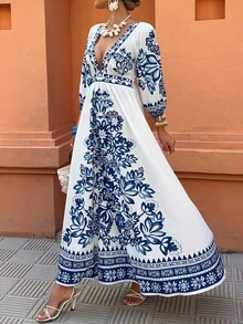 Selianne Women's Vacation Floral Print A-Line V-Neck Dress, Casual Vacation Dress, Blue & White Vacation Print - Multicolor - View 1