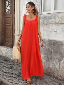 SHEIN Holidaya Đầm hai dây cổ vuông xếp nếp kiểu dáng thường ngày dành cho nữ, thích hợp cho kỳ nghỉ. - trái cam - Xem 6