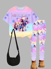 1 Set Young Girls Casual Fashion Cartoon K-POP Girl Group NOVA BEAT Style Outfit, Ombre Pink-Purple Short Sleeve T-Shirt + Printed Leggings, Summer Stylish Casual Wear - Multicolor - View 3