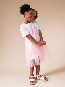 SUMWON Girls Short Sleeve Graphic Tee With Pink Text Print And Tulle Overlay Detail For Spring Summer Casual Wear Vacation - Baby Pink - View 3