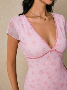 Poéselle 女士优雅碎花V领中长连衣裙，夏季粉色碎花女装连衣裙，粉色中长连衣裙，粉色花朵连衣裙，女士连衣裙，印花连衣裙，女士碎花连衣裙，碎花中长连衣裙 - 粉色 - 查看 5