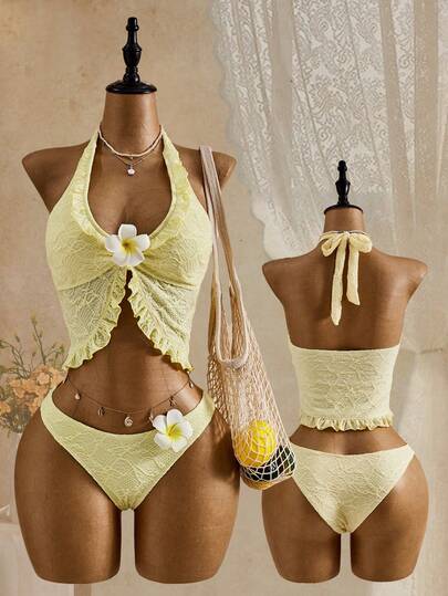 Bellisia 两件套女士春夏沙滩装，女士吊带比基尼套装，优雅浪漫甜美可爱镂空花卉纹理面料，波西米亚雏菊3D装饰，可拆卸胸垫，蝴蝶结肩带，荷叶边下摆，吊带比基尼套装