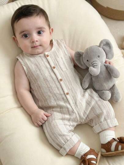 SHEIN 男女宝宝通用杏色条纹无袖连体衣，适合度假、日常休闲穿着、春夏宝宝服装、套装