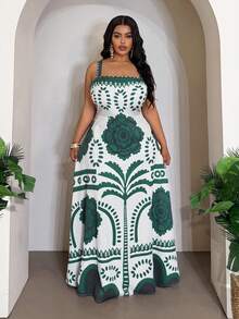 Veslaya Plus Size Women's Floral Print Sleeveless Bodycon A-Line Maxi Dress, White Summer Elegant Vacation Holiday Casual Resort Wear Wrap Around Cinched Waist - Multicolor - View 2