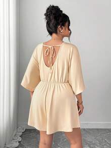 Elenzga Plus Size Women's Crossover V-Neck Short Jumpsuit, Knit Casual Romper - Apricot - View 2
