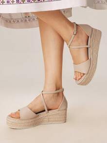 Sandálias Anabela de Plataforma Casual de Cor Sólida Tecida Styleloop para Mulheres, Sandálias Anabela de Lona com Tira no Tornozelo Estilo Retrô Boêmio de Férias, Sapatos de Primavera e Verão para Primavera, Páscoa - Damasco - Visão 3