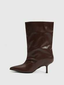 Daringsoles 女士尖头中筒靴，细跟，宽筒，酒红色，简约时尚，秋冬款 - 棕色 - 查看 4