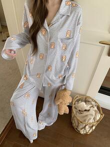 DAZY Bear Print Loose Women Pajama Set - Light Grey - View 8
