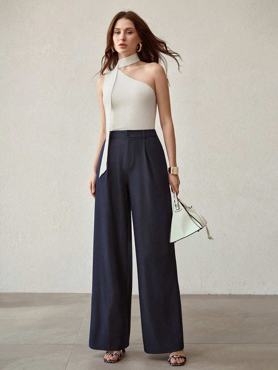 MOTF PREMIUM 纯色褶裥斜插口袋阔腿裤