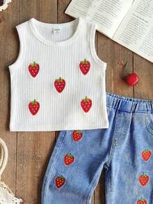 SHEIN Baby Girl Strawberry Embroidery Round Neck Tank Top And Denim Jeans Casual Outfit - Multicolor - View 5
