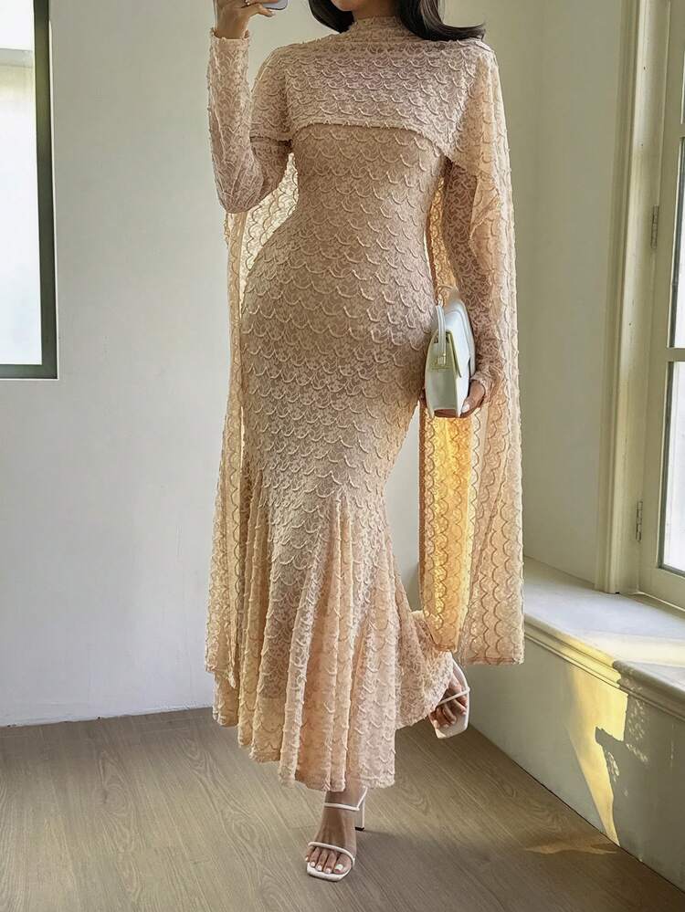 Women's Elegant Solid Color Textured Fishtail Hem Mid-Length Dress, Autumn Wedding Guest Dress Sundress