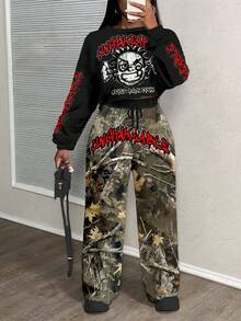 Slaydiva 女士秋装 / 女士冬装 / 千禧一代服饰 / 街头潮流 / 女士两件套 / 返校季 / 街头休闲 / 嘻哈风 / 黑色卡通人物 & 迷彩图案 - 彩色 - 查看 1