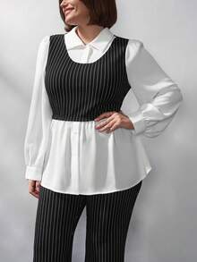 SHEIN Clasi Ensemble 2 pièces pour femmes grandes tailles, élégant contraste noir & blanc, tenue de bureau formelle d'automne, ensemble chemisier à manches longues et pantalon, tenues de travail pour femmes - Noir et Blanc - Voir 3