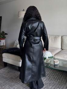 Tyla Gomez 女士宽松纯色 PU 长款夹克配腰带，休闲街头风格风衣，秋冬 - 黑色 - 查看 2