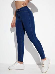 Flexra Jeans casuales ajustados de unicolor con bolsillo en ángulo - Azul lavado oscuro - Ver 4