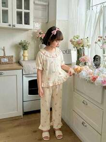 Conjunto de 2 piezas de ropa de estar en casa con cintura elástica y volantes con estampado floral para niñas - Albaricoque - Ver 4