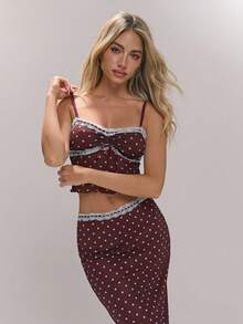 Sweetina Bộ đồ hai mảnh gồm áo hai dây và chân váy phối ren chấm bi dành cho nữ, thích hợp cho kỳ nghỉ, váy hai mảnh, chân váy lửng. - Rỉ Nâu - Xem 3