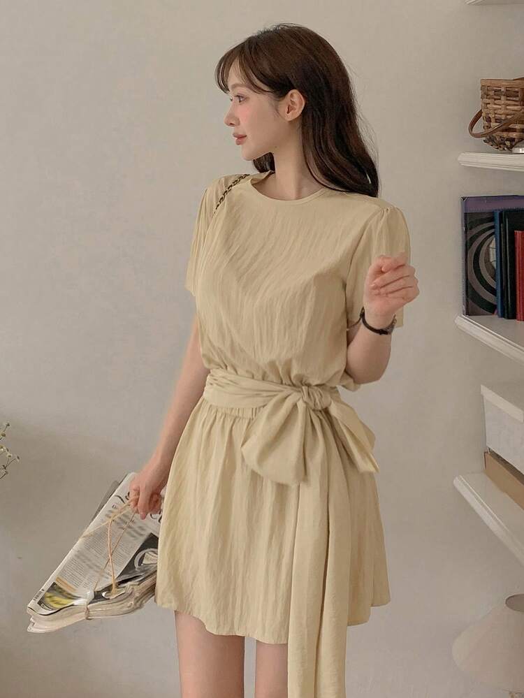 Tie-Up Waist Loose Fit Cinched Waist Versatile Casual Sweet Elegant Dress For Women Summer Sundress