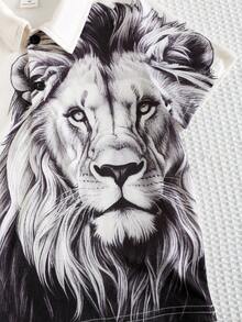 2pcs/Set Young Boys Lion Cartoon Print Polo Shirt & Black Shorts Set, Casual, Comfortable, Versatile, Suitable For Daily Wear, Outings, Outdoor, Holidays, Beach Vacations, Summer, Spring/Summer - Black and White - View 6