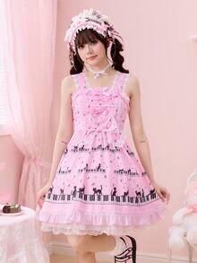 ROMWE Kawaii Đầm Lolita dễ thương dành cho nữ, in hình mèo chơi piano, ren, xếp ly và nơ. - Hồng - Xem 7