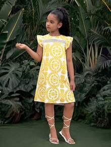 Tween Girls Simple Print Cap Sleeve Dress - Yellow - View 7